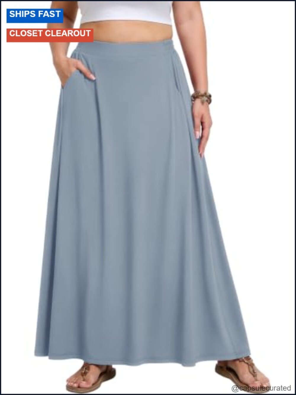 Plus Size Maxi A-line Skirt Elastic High Waist Flowy Long Skirt with Pockets